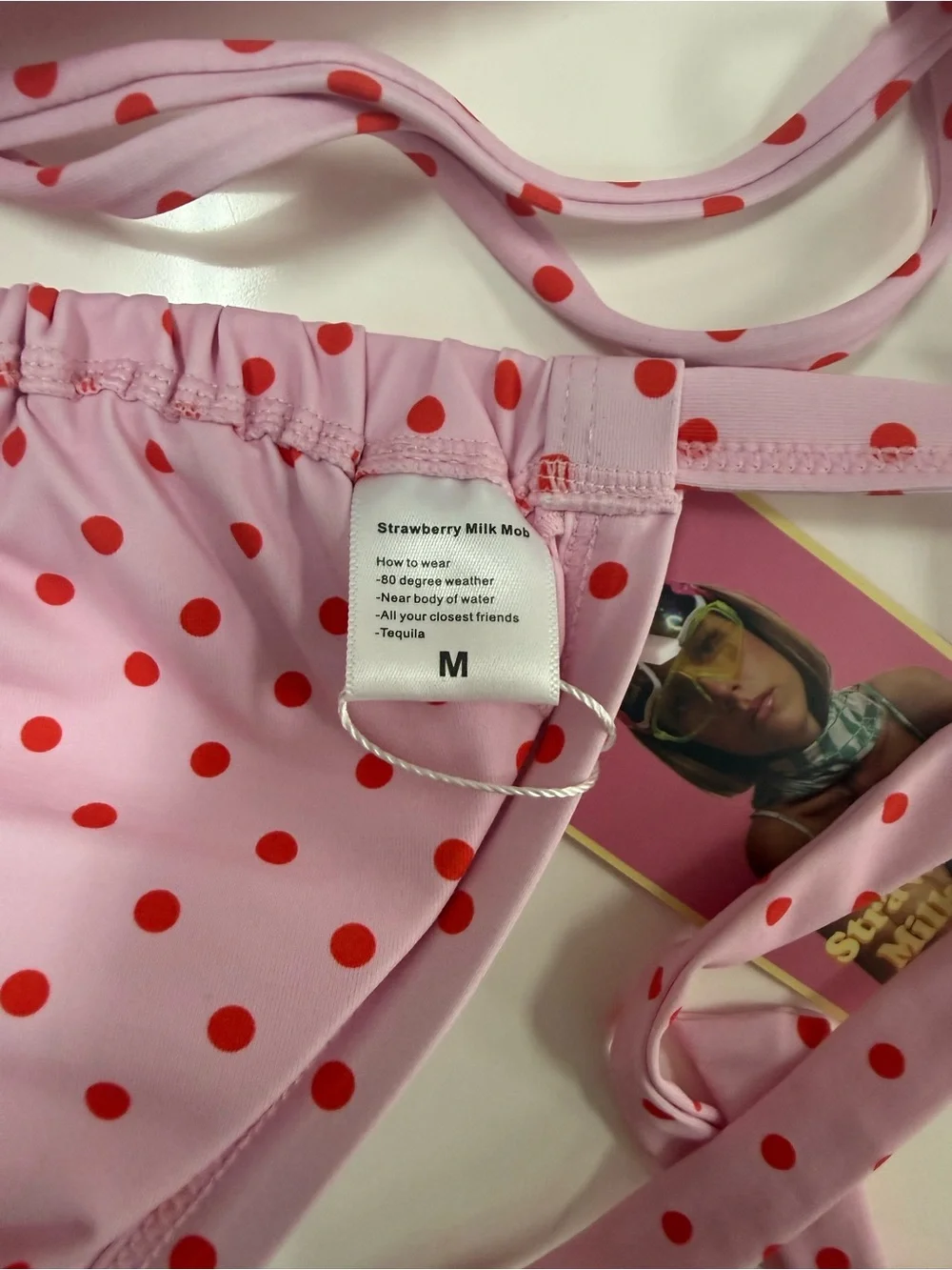 Strawberry Milk Mob pink with red polka dot bikini top size M